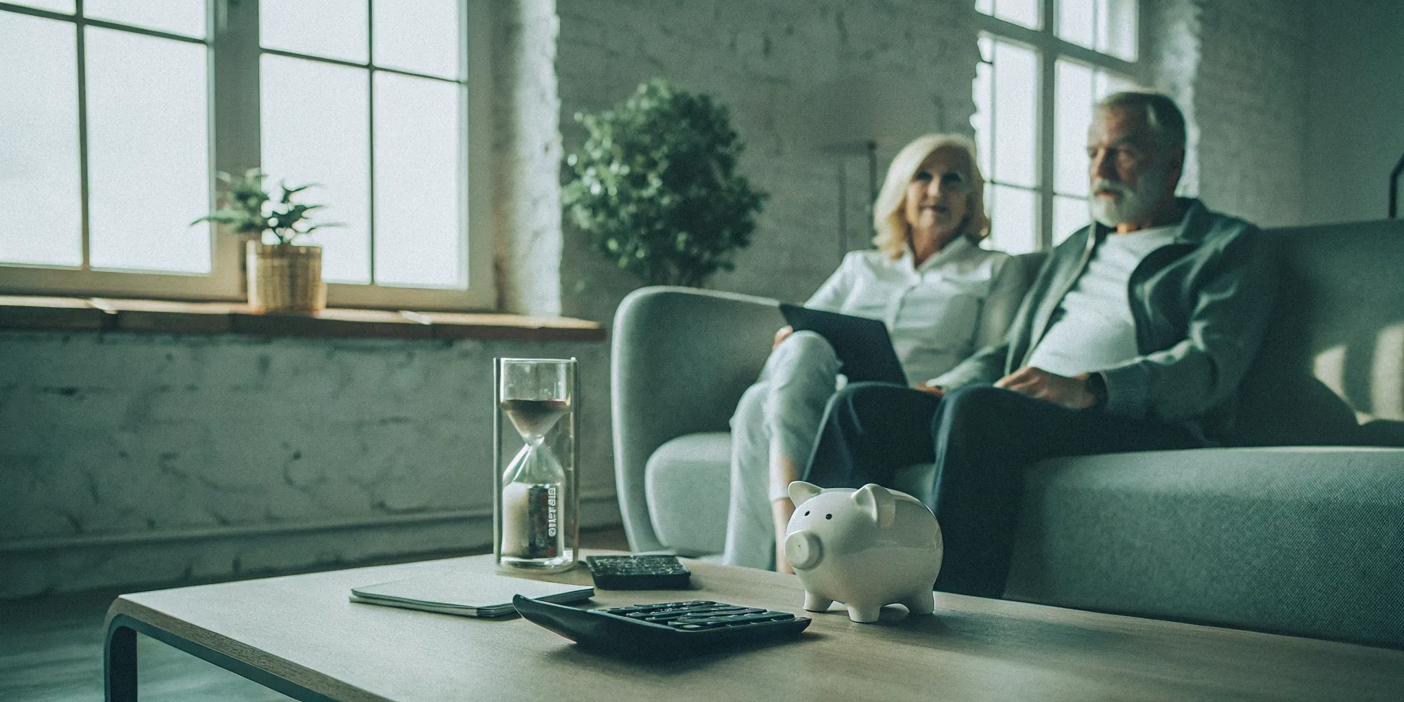 Senior couple with an hourglass and piggy bank, funding home care while waiting on Medicaid.